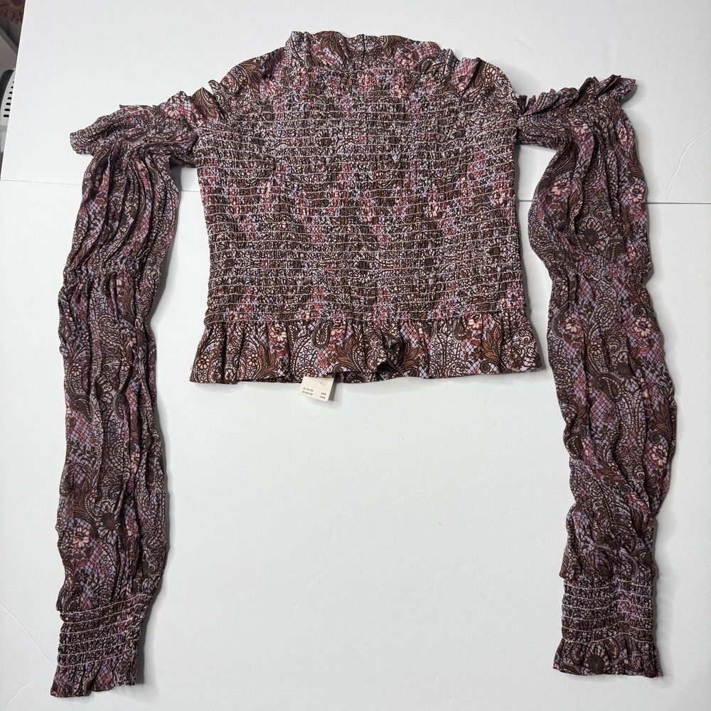 Anthropologie Top Women's Small Brown‎ Boho Paisley Smocked Long Sleeve New
